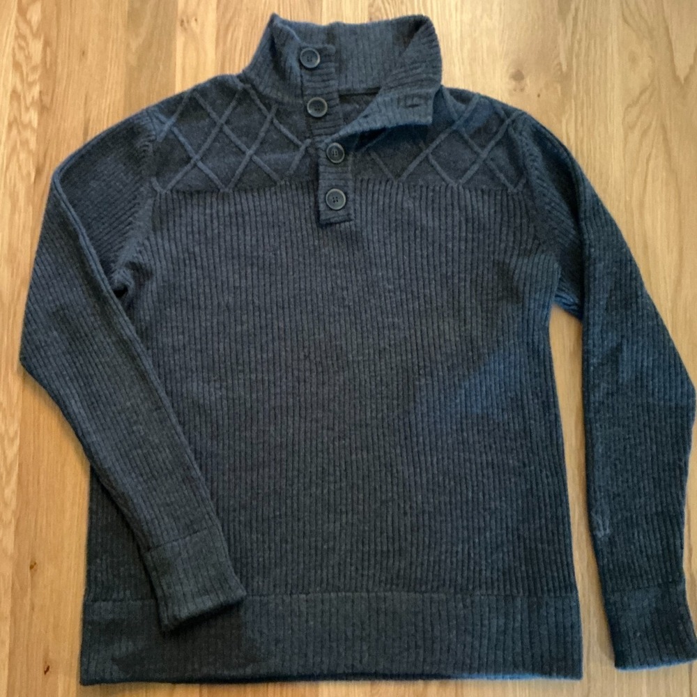 Ibex Merino Wool Sweater Mens Gray Ribbed Henley‎ Mock Neck Outdoor Knit M/L